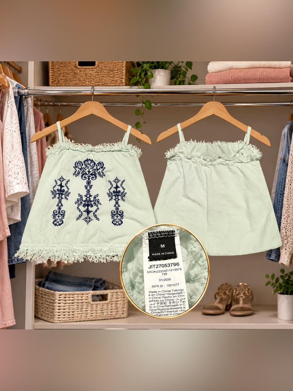 SHEIN Light white Tank with Navy Blue Embroidery